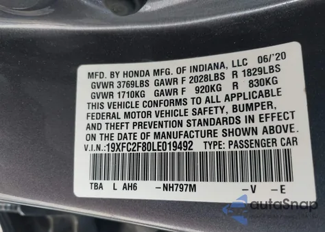 2020 Honda Civic Sport из США, поврежденный, VIN 19XFC2F80LE019492